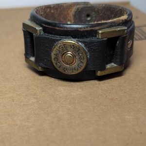 Black Leather Cuff Bracelet with Brass Bullet Accent